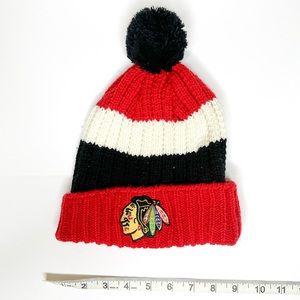 NHL Chicago Blackhawks Knit Pom Pom Beanie Winter Hat Black Red White Striped